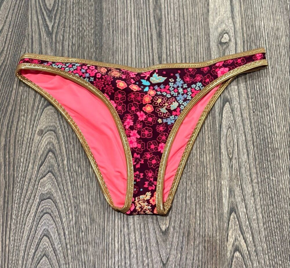 Aerie Women's Floral Gold Trim Cheeky Bikini Bottom Swimwear Dark Burgundy Large